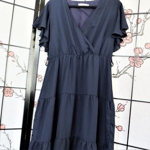 Temofon Navy Blue Tired Ruffle Sleeves Prairie Dress Size Large